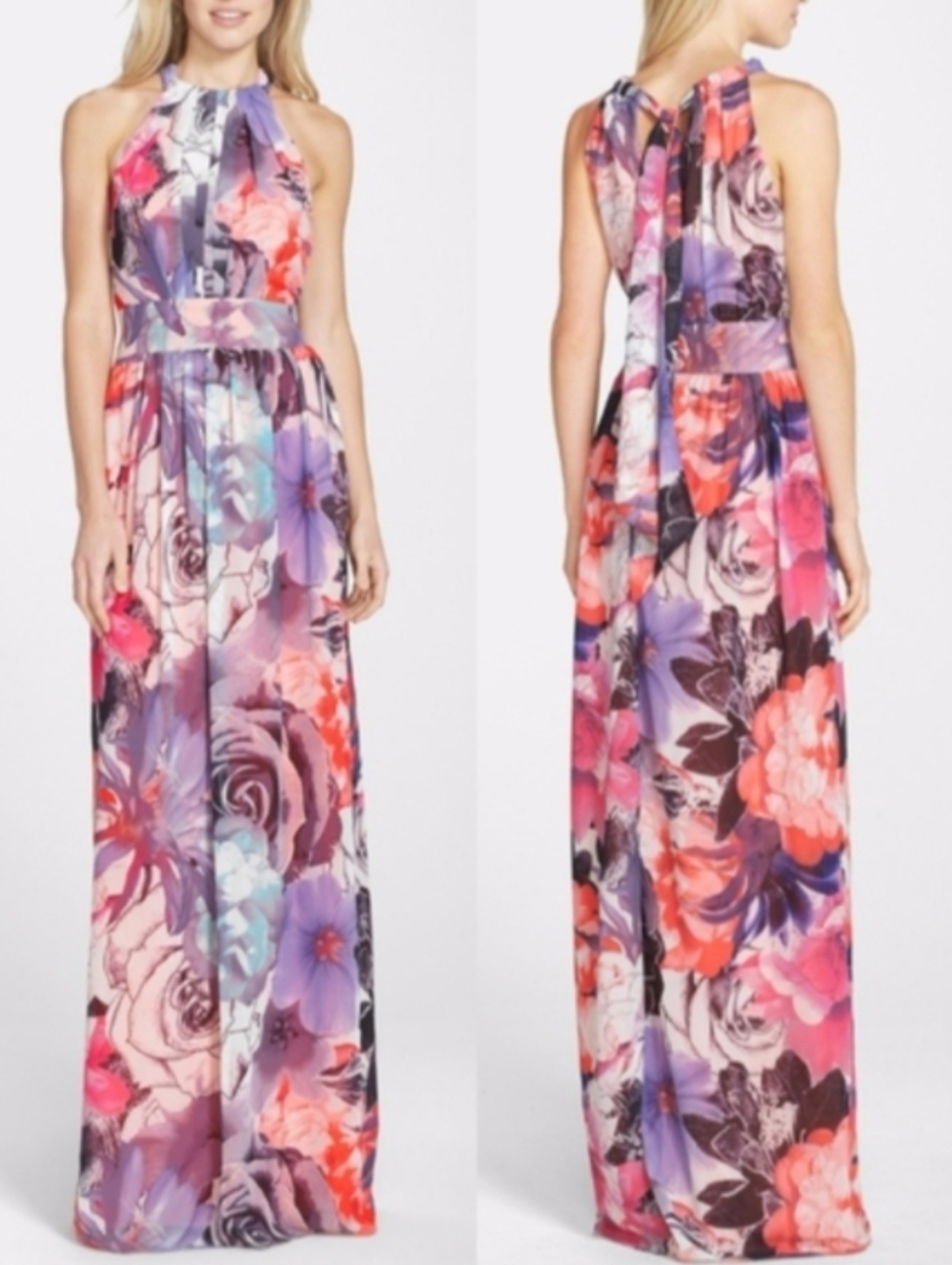 Eliza J Floral Halter Maxi Derby Dress in Pink & Purple